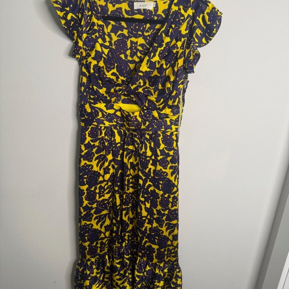 A.L.C. Women's 4 Floral Cutout Midi Dress Yellow Purple Ruffle Hem Elegant Party - Picture 2 of 7